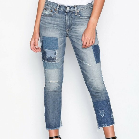 Polo‎ Ralph Lauren Waverly Straight Star Crop Patchwork Fringe Jeans Pants 30 - Picture 2 of 10